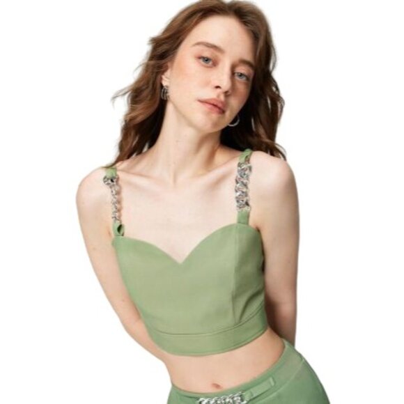 NWT Cider L Green NWT Cropped Bustier Top Silver Chain Straps & Back Zip Closure - Picture 6 of 10